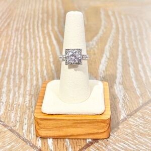 Silver Tone Halo Ring Size 8 Square Crystal Statement Engagement Style Pavé Band
